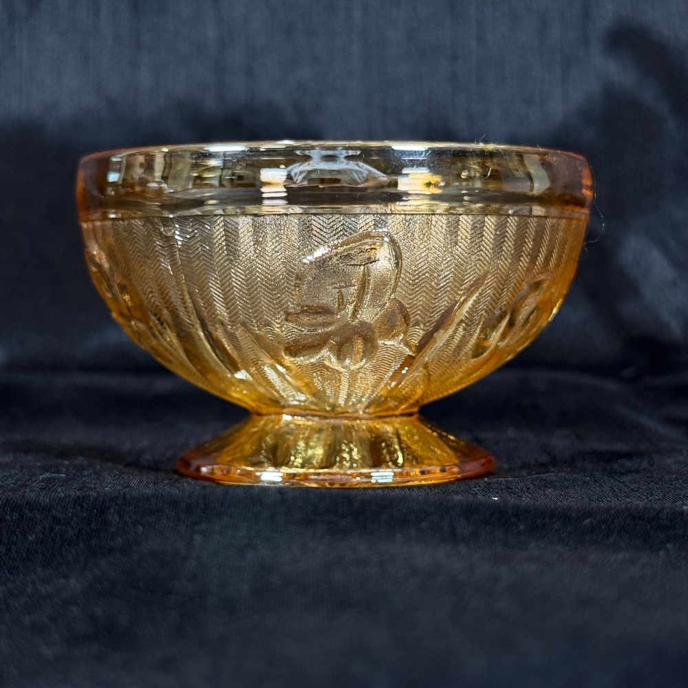 Jeanette Glass Iris and Herringbone Marigold Carnival Glass Footed Dessert Bowl